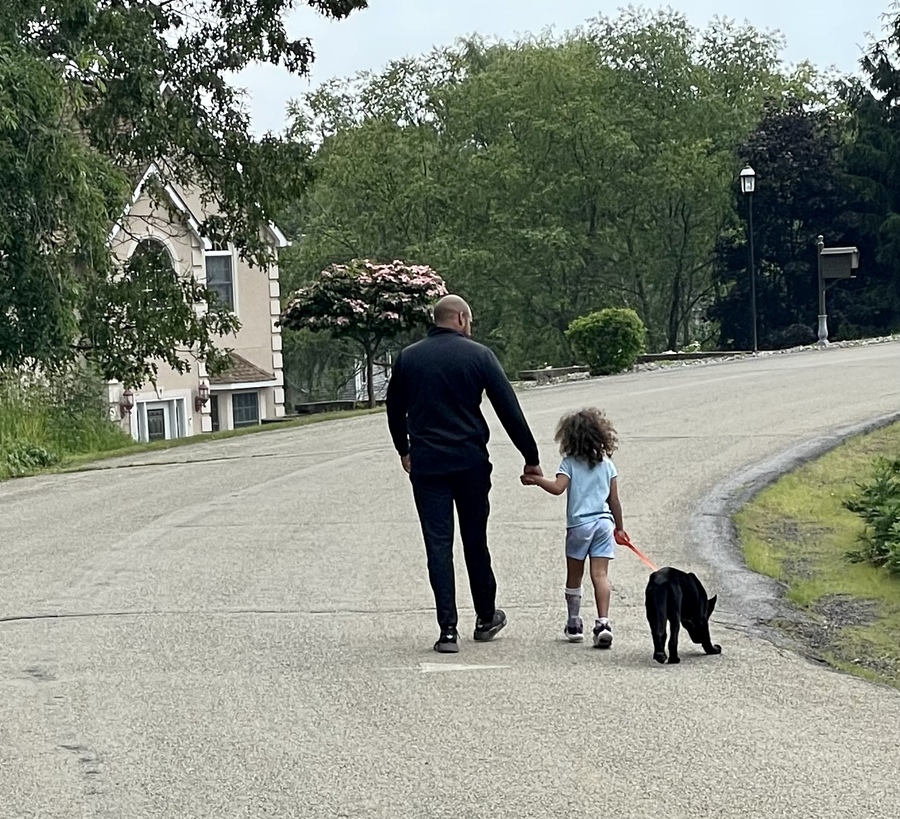 a man and his daughter walking their dog on the street.