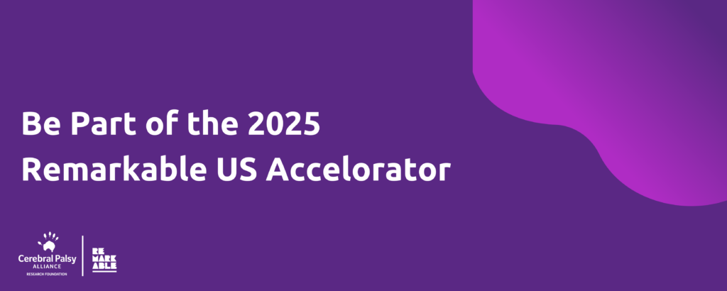 A dark purple banner with a gradient wave in the right corner. White text reads "Be part of the 2025 Remarkable US Accelerator." The CPARF and Remarkable logos are in the bottom left corner.